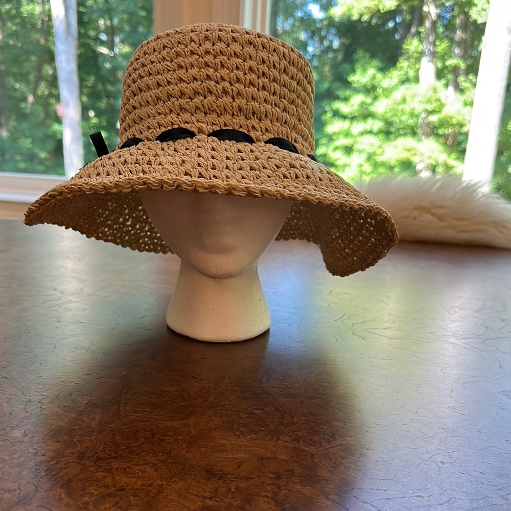 Talbots Tan Woven Sun Hat with Black Ribbon